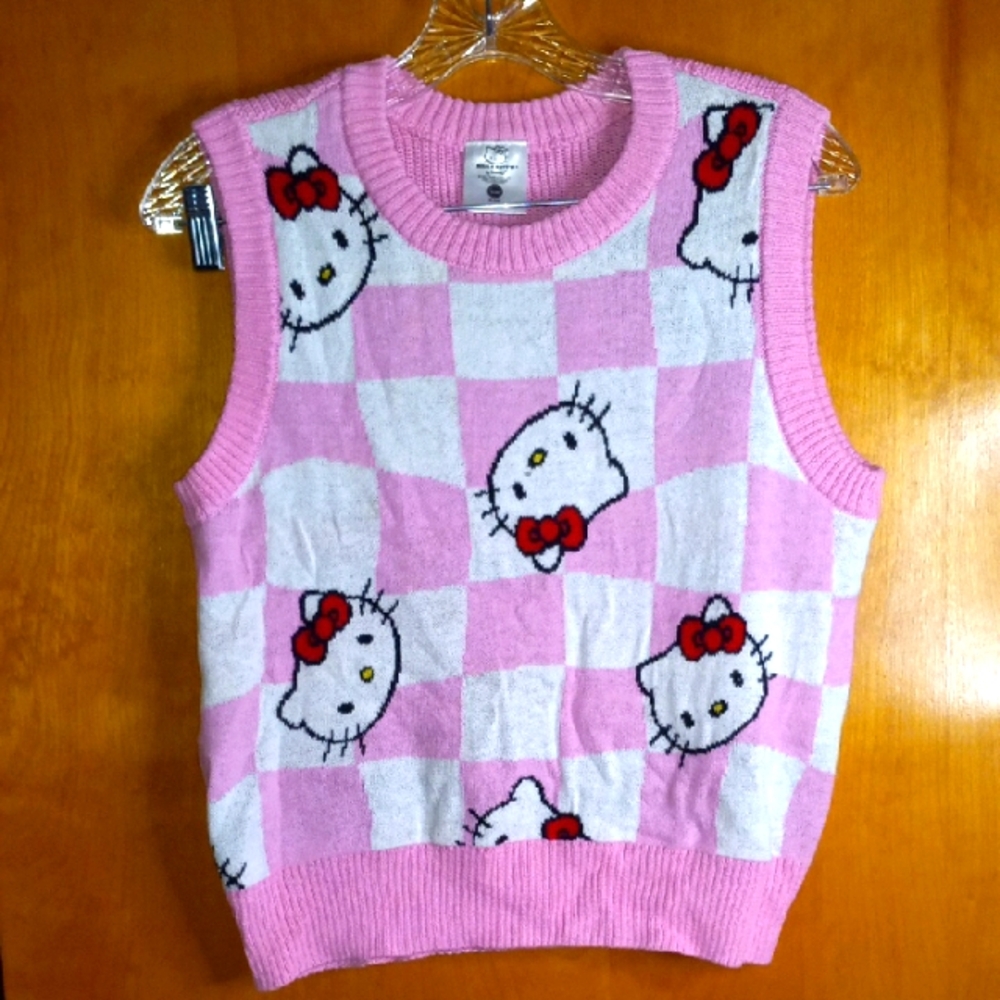 Hello Kitty San Rio Pink and White Checkered Sweater Vest Size Small